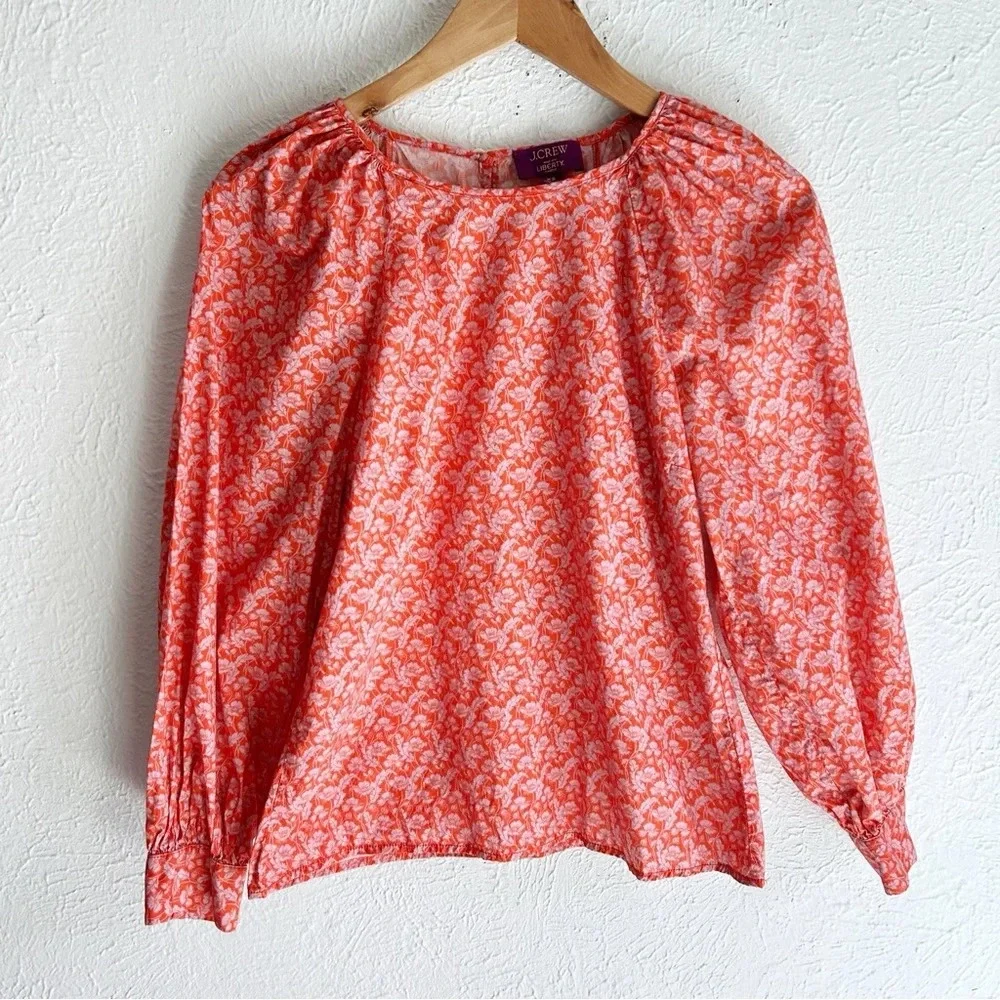 J. Crew Puff-sleeve scoopneck shirt in Liberty Toutouayette fabric XS Red